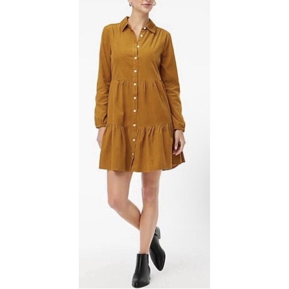 J. Crew Corduroy Mini Shirtdress Yellow Gold Tiered Collared Academia Peasant